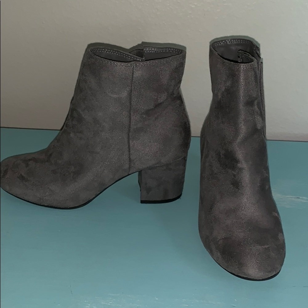 Gray suede block heel boots